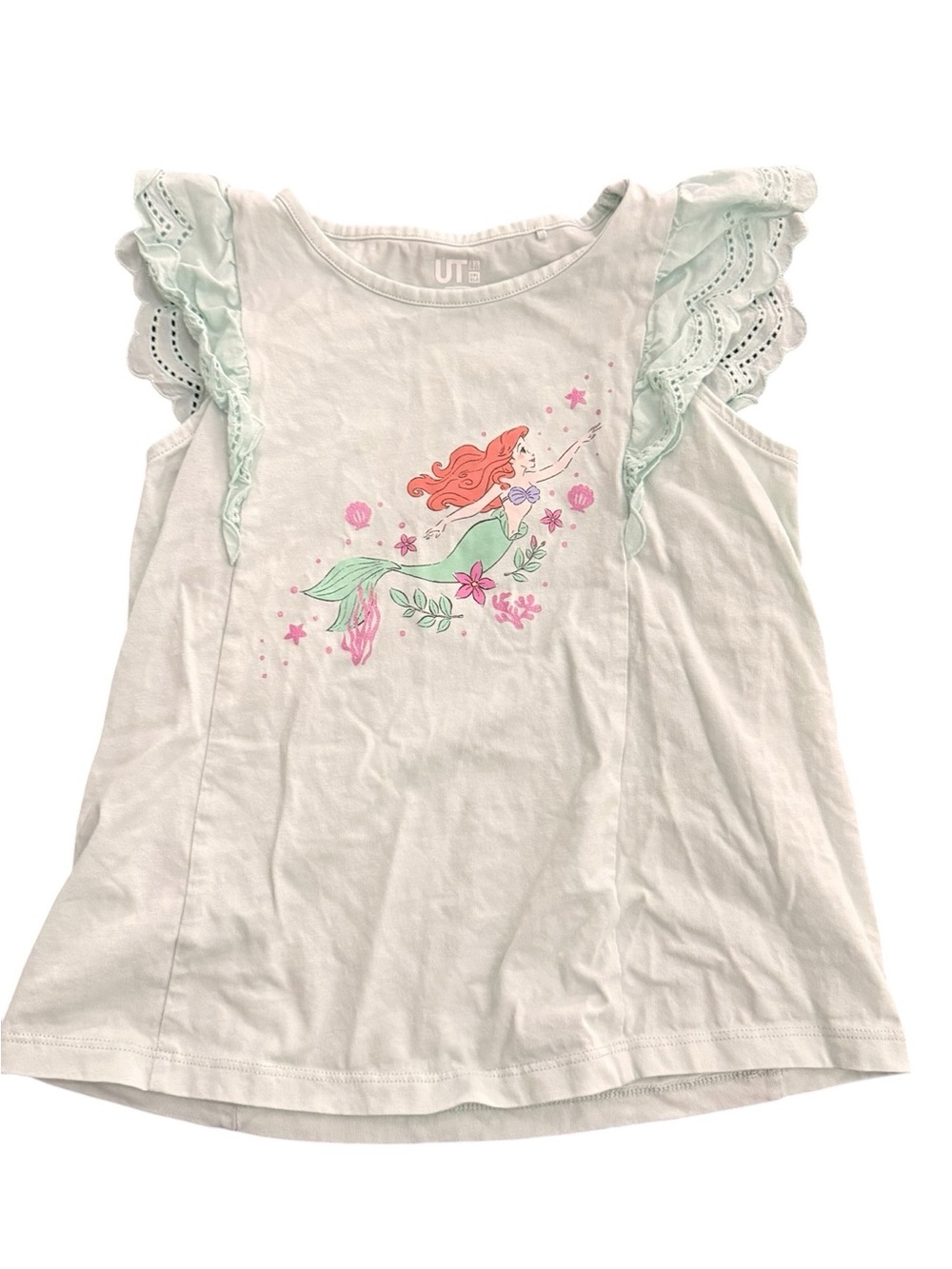 Uniqlo White Tank with Mint Ruffle Sleeves and Mermaid Print